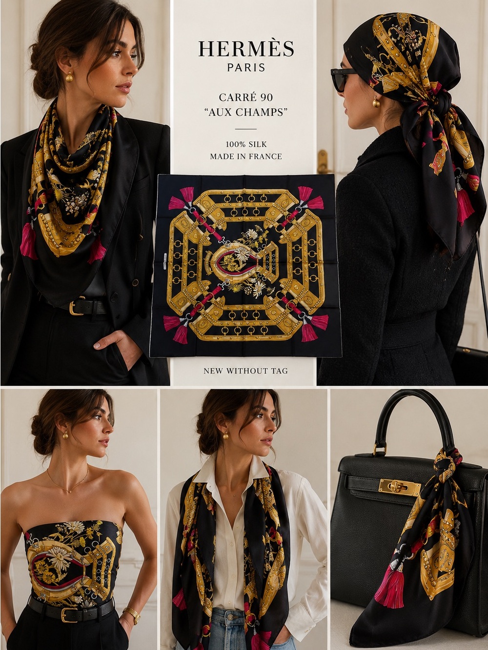 Hermès Carré 90 “Aux Champs” Silk Scarf Black Gold Pink NWOT